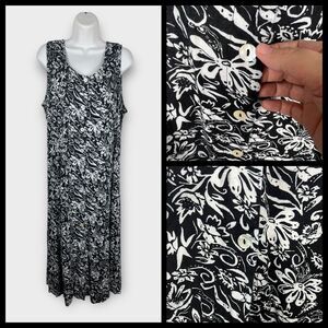 Vintage Rayon Black‎ White Floral Sleeveless Button Front Dress Size X-Large